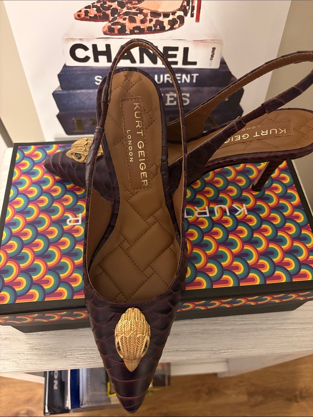 Kurt Geiger Burgundy BELGRAVIA Quilted Slingback Heels with Gold Emblem US7.5 - Picture 4 of 6